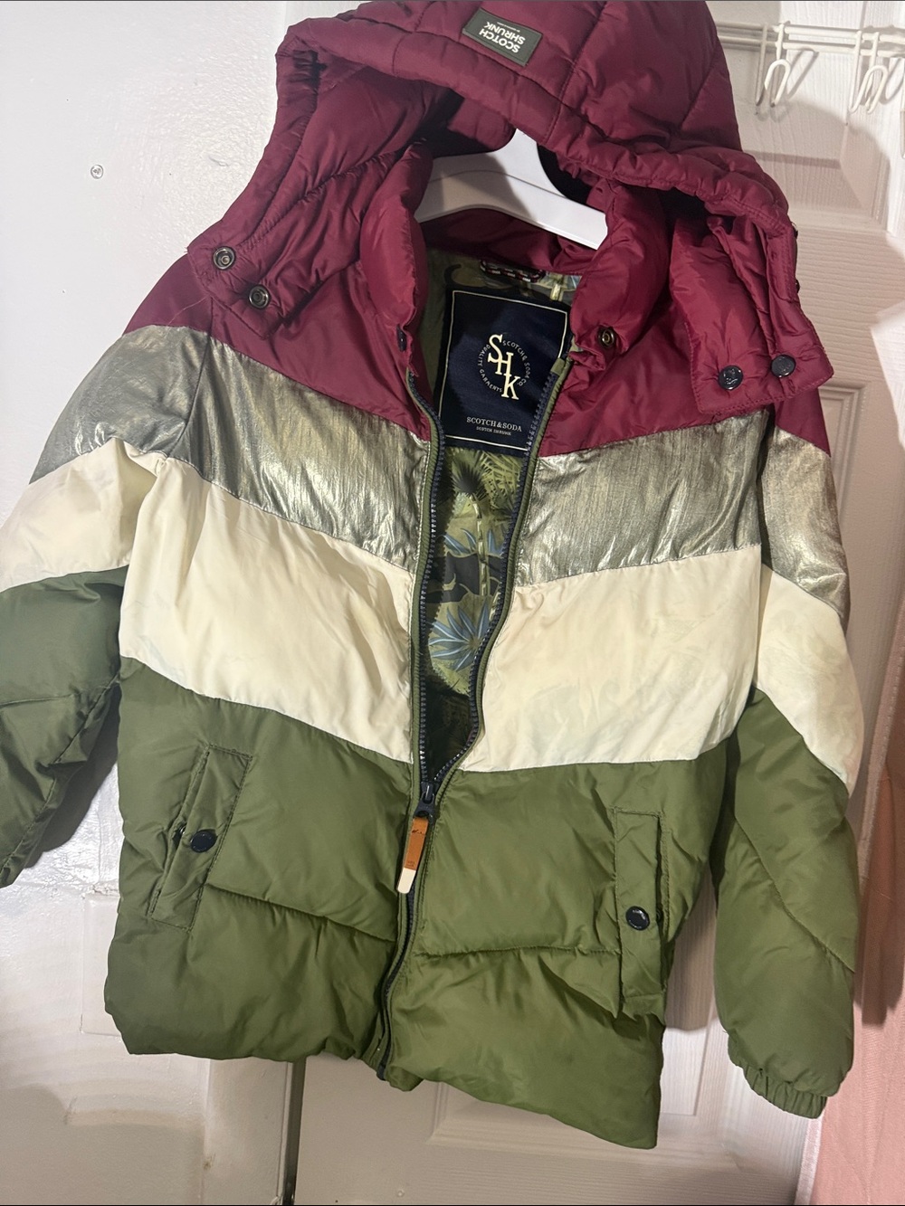 Active USA Burgundy, Silver, Cream & Olive Colorblock Puffer Jacket